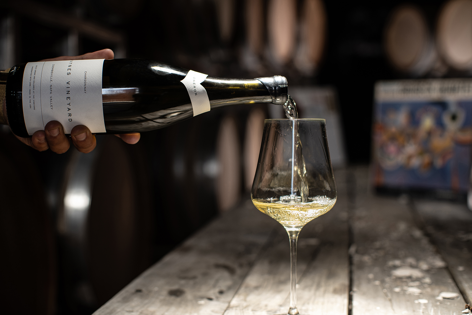 A glass of Haynes Vineyard chardonnay before poured into a glass.